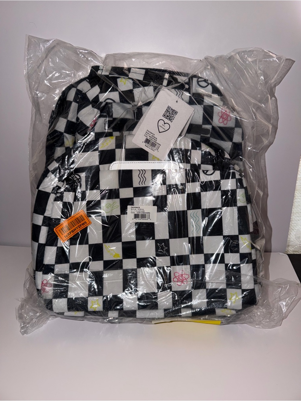 Checkerboard Pattern Backpack with Multicolor Icons - Picture 5 of 9